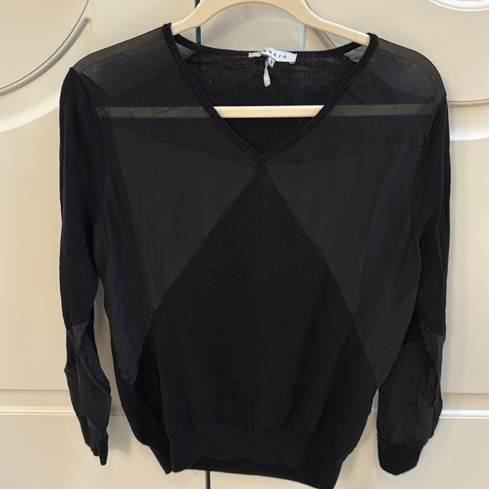 Sandro Black Sheer V-Neck Lightweight sweater by luxury brand Sandro